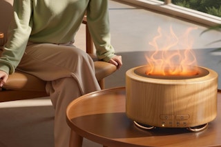 a woman sitting near an essential oil diffuser