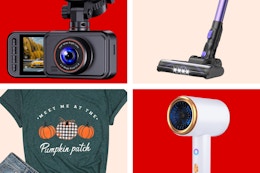 women's fall tee, ionic hair dryer, cordless vacuum, and dash cam