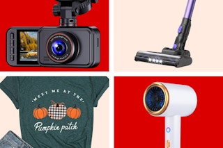 women's fall tee, ionic hair dryer, cordless vacuum, and dash cam