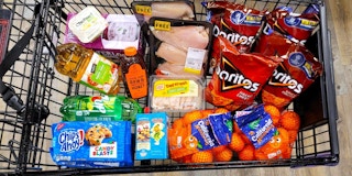 A Safeway cart full of food