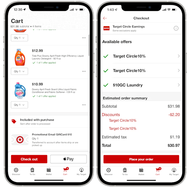 A graphic of two iPhones displaying the user's Cart and Checkout page on the Target Circle app.