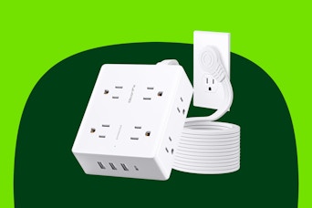 A white almost cube square surge protector with six visible outlets and 4 USB ports, and a flat plug