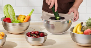 stainless steel bowls on a counter full of fruits and vegetables