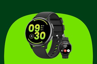 A black unisex (but probably looks better on women) smartwatch with the time in stylized big green numbers. A smaller one has caller ID