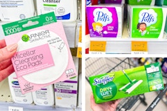 collage with garnier, swiffer, and puffs products