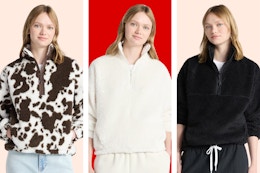 Three No Boundaries Plush Pullovers: Cowprint, white & black