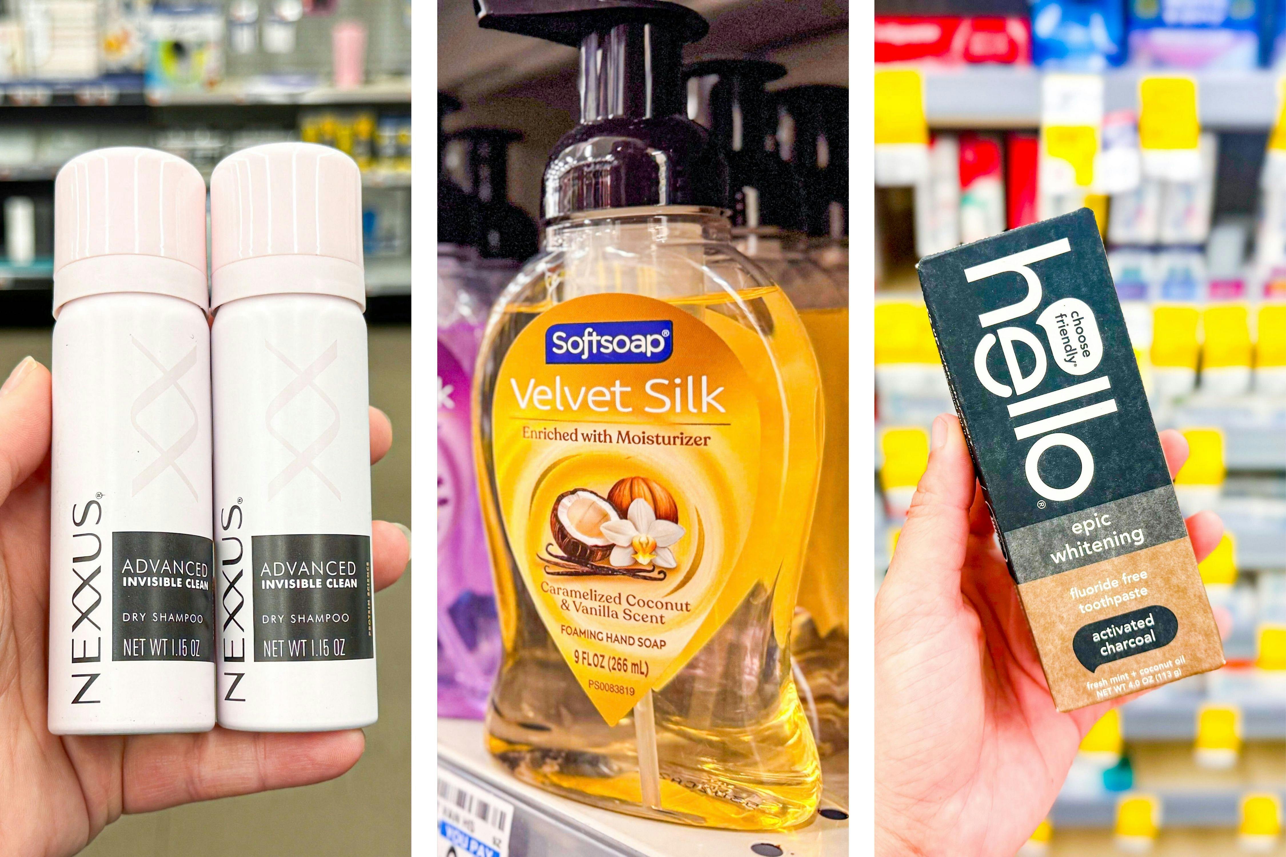 collage image of nexxus hair care, softsoap foaming hand soap, and hello toothpaste