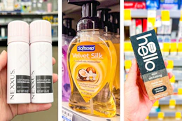 collage image of nexxus hair care, softsoap foaming hand soap, and hello toothpaste