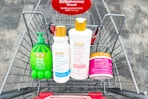 raw sugar kids shampoo, body wash, shampoo, and sugar scrub in a cart