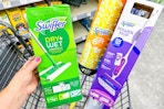 swiffer power mop, duster, and dry sweeper in a cart