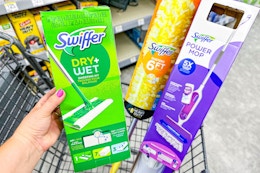 swiffer power mop, duster, and dry sweeper in a cart