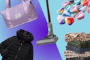 purple duffel bag, kids black puffer coat, wyze stick vacuum, valentine's day slime, and blankets