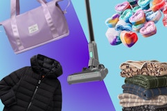 purple duffel bag, kids black puffer coat, wyze stick vacuum, valentine's day slime, and blankets