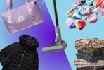 purple duffel bag, kids black puffer coat, wyze stick vacuum, valentine's day slime, and blankets