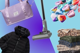 purple duffel bag, kids black puffer coat, wyze stick vacuum, valentine's day slime, and blankets