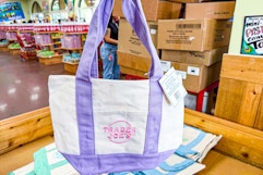 hand holding trader joes mini pastel tote