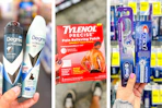 collage image of degree deodorant, tylenol precise pain patch, and crest oral care