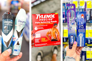 collage image of degree deodorant, tylenol precise pain patch, and crest oral care