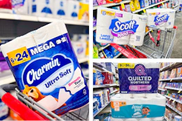 collage image of charmin, scott, angel soft, and quilted northern toilet paper