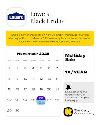 Calendar graphic of the lowe's black friday predicted date of november 26 2025