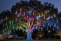 SmartDawn Meteor Shower Lights Outdoor hanging from a tree outside at night.