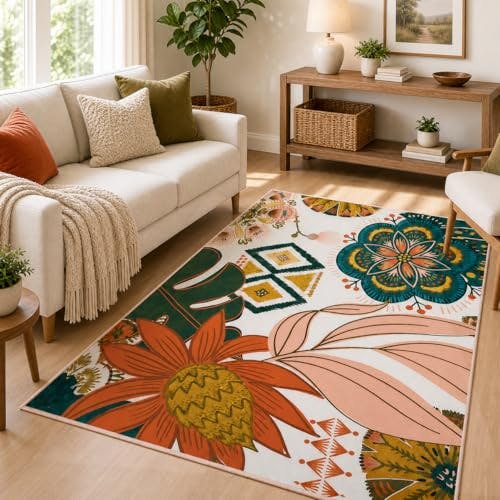 Boho Floral Washable Area Rug