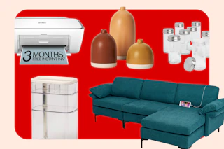 white printer, vases, spice jars, sectional couch, makeup storage