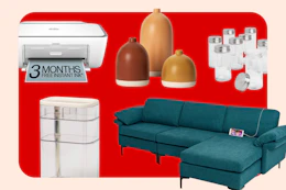 white printer, vases, spice jars, sectional couch, makeup storage