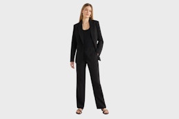 Woman wearing the Scoop Blazer and Trouser Pants together as a suit