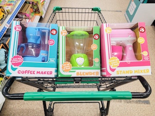 kids coffee maker, stand mixer, and blender toys in a cart