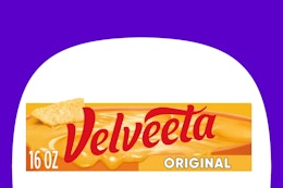 dollar general velveeta cheese block on purple and white background