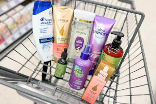 shopping cart with aussie, head & shoulders, mielle, and pantene products