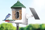 a blue bird on a bird feeder with a camera