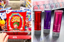 collage image of general mills cereal and maybelline lipsticks