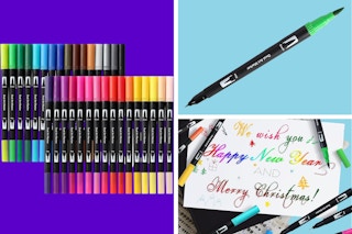 Collage of three images: 32 markers lined up in rows, one green marker showing brush and fine tip, a multi-colored greeting