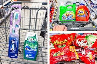 collage image of oral care, christmas candy, and laundry detergent
