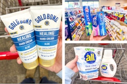 collage image of gold bond lotion, all detergent, and crest toothpaste