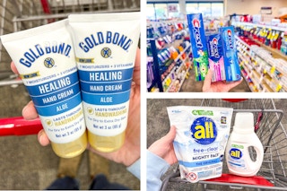 collage image of gold bond lotion, all detergent, and crest toothpaste
