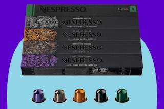 Nespresso Capsules Original Line, Ispirazione Variety Pack on a blue background.