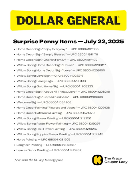 Graphic with Dollar General Surprise Penny List for July 22 2025