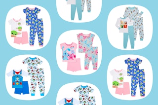 Baby Yoda, Thomas the Train, Blue's Clues, and Looney Toon's pajama sets on a light blue collage