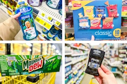 dollar general axe, mr. clean, mountain dew, frito lay 4-photo collage