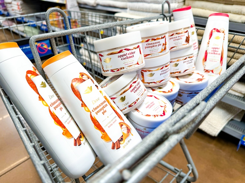 dove body wash and body scrub in walmart cart