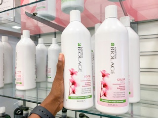 Two jumbo liter Matrix Biolage shampoos on shelf