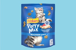 a blue bag of cat treats on a light blue background