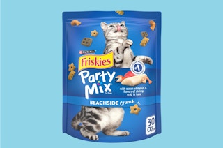 a blue bag of cat treats on a light blue background