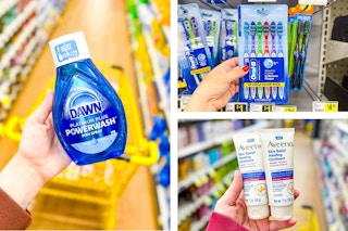dollar general dawn, oral-b, aveeno 3-photo collage