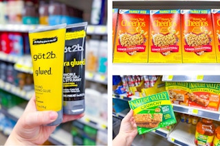 dollar general got2b, cheerios, and nature valley bars on 3-photo collage