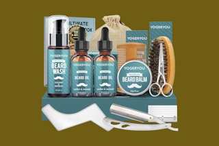 a beard kit on an olive background