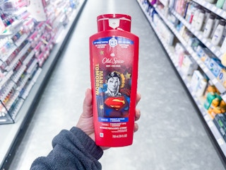 hand holding old spice body wash in walgreens